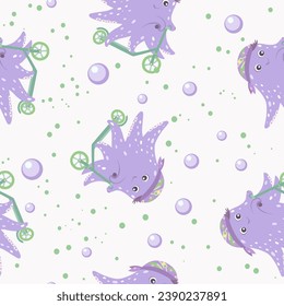 Seamless pattern with little cute octopuses biking scooters. Print for kids clothes.