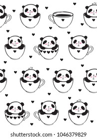 Seamless pattern with little cute pandas in  cups for kids textile, wallpapers, gift wrap. White background with hearts. Vector illustration.