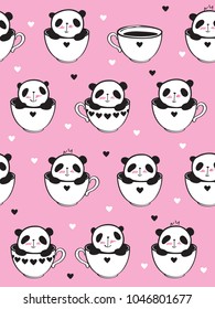 Seamless pattern with little cute pandas in  cups for kids textile, wallpapers, gift wrap. Pink background with white and black hearts. Vector illustration.
