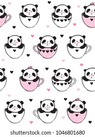 Seamless pattern with little cute pandas in  cups for kids textile, wallpapers, gift wrap. White background with hearts. Vector illustration.
