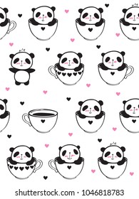 Seamless pattern with little cute pandas in  cups for kids textile, wallpapers, gift wrap. White background with hearts. Vector illustration.