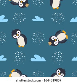 Seamless pattern with little cute penguins on sky