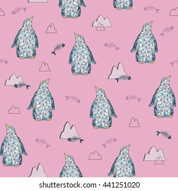 Seamless pattern with little cute penguins on pink background. 