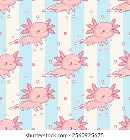 Seamless pattern with Little cute pink Axolotl on white blue striped background. Funny marine cartoon kawaii character. Vector illustration. Kids collection