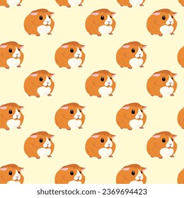 Seamless pattern of little cute red guinea pigs on a yellow pastel background