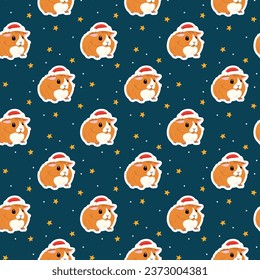 Seamless pattern of little cute red guinea pigs in Santa Claus hats against the background of the Christmas night sky with yellow stars