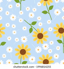 Seamless pattern with little daisies and sunflower on blue background vector illustration. Cute floral print.