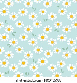 Seamless pattern with little daisy flower and green leaf on pastel green background vector.