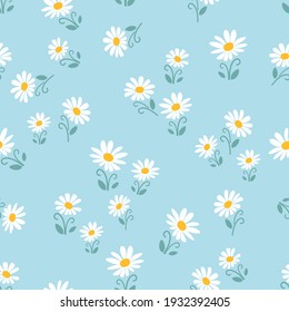 Seamless Pattern With Little Daisy Flower On Blue Background Vector Illustration. Cute Floral Print.