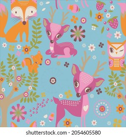 seamless pattern with little deer and flowers.