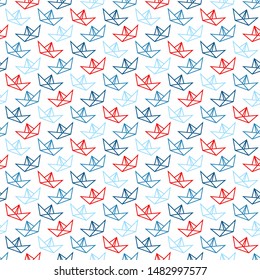 Seamless Pattern Little Diagonal Paper Boats Outline Blue And Red