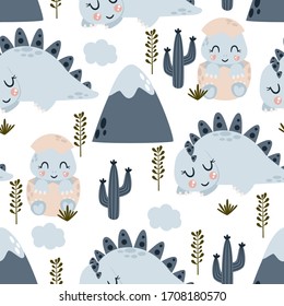 seamless pattern with little dinosaur and mountain - vector illustration, eps