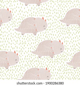 Patrón sin foco con pequeños dinosaurios. Los niños adorables. Ilustración dibujada a mano por vectores.