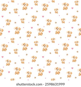 Seamless pattern of little dogs on a white background. Vector of pet characters, hearts and paw prints. Print for clothes, wallpaper, scrapbooking.