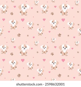 Seamless pattern of little dogs on a pink background. Vector of pet characters, hearts and paw prints. Print for clothes, wallpaper, scrapbooking.