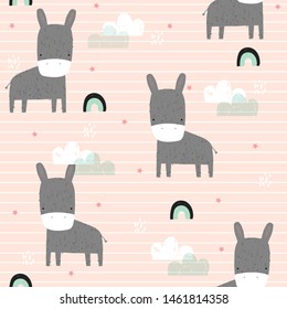 Seamless pattern with little donkey. Kids cute textile print. Vector hand drawn illustration.