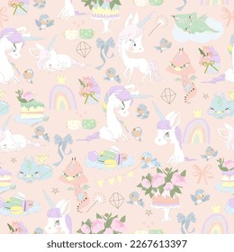 Seamless Pattern with Little Dragons, Magic Unicorns and Flowers on Pink Background