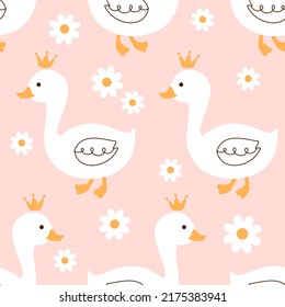 Seamless pattern with little duck cartoons and daisy flower on pink background vector illustration. Cute childish print.