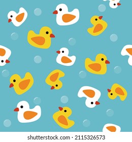 seamless pattern of little duck yellow and little duck white on bright blue background. 