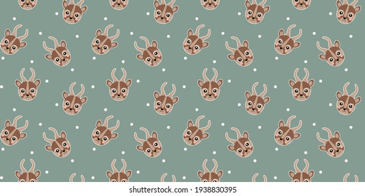 Seamless pattern of little face of cartoon bongo antelope with ruddy cheeks and white circles on a green-gray background. Heads of horned African animals for digital paper, textile. Vector.
