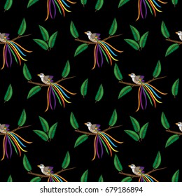 Seamless pattern with little fancy bird on the brunch embroidery stitches imitation. Template for fabric, textile, patch or print. Fashion bird embroidery. 