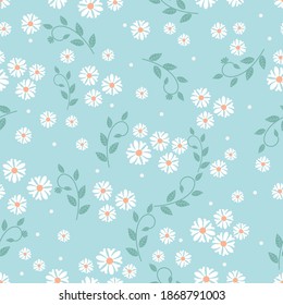 Seamless pattern with little flower and green leaves on pastel background vector illustration.