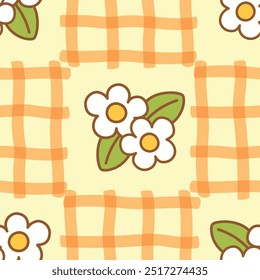 Seamless pattern of little flower and heart with hand drawn checkerboard line pattern. It's a pattern that looks feminine. Pattern design for fabric, wrapping paper, wallpaper and fashion prints.