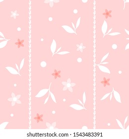 Seamless pattern with little flower and leaves on pink background, flat design vector illustration.