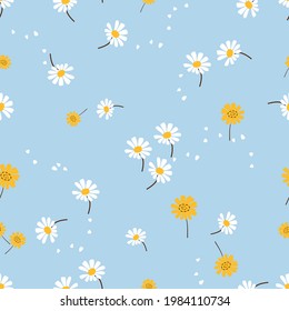 Seamless pattern with little flower on blue background vector illustration. Cute floral print.