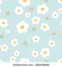 Seamless pattern with little flower on blue background vector illustration. Cute floral print.