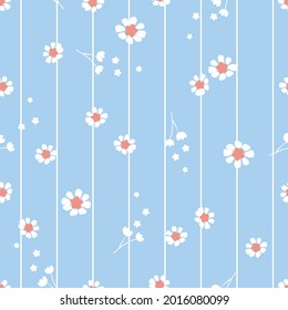Seamless pattern with little flower on stripe blue background vector illustration. Cute floral print.