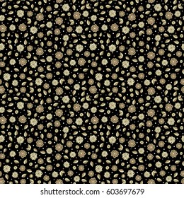 Seamless pattern with little flowers in beige and green colors. Vector hand painted flowers on a black background.