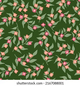 Seamless pattern of a little flowers and branch with leaves. Abstract small flower patter. Vector illustration.