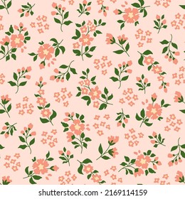 Seamless pattern of a little flowers and branch with leaves. Abstract small flower pattern. Vector illustration