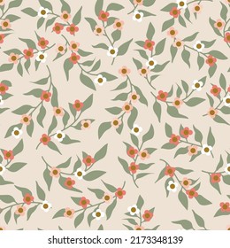 Patrón sin foco de flores y rama con hojas. Resumen de una pequeña flor. Ilustración del vector