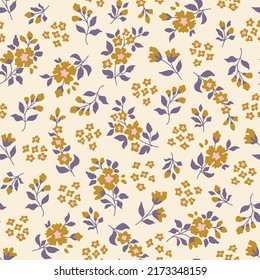 Seamless pattern of a little flowers and branch with leaves. Abstract small flower patter. Vector illustration.