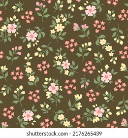 Seamless pattern of a little flowers and branch with leaves. Abstract small flower patter. Vector illustration.