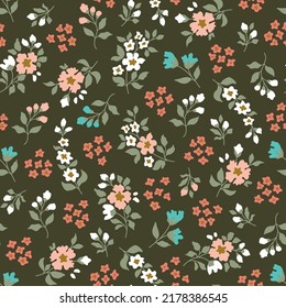 Nahtlose Muster von kleinen Blumen und Ast mit Blättern. Abstrakter kleiner Blumenmuster. Vektorgrafik.