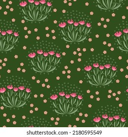 Patrón sin foco de flores y rama con hojas. Resumen de una pequeña flor. Ilustración vectorial.