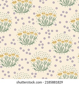 Seamless pattern of a little flowers and branch with leaves. Abstract small flower patter. Vector illustration.