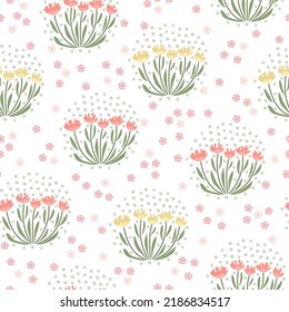 Patrón sin foco de flores y rama con hojas. Resumen de una pequeña flor. Ilustración vectorial.