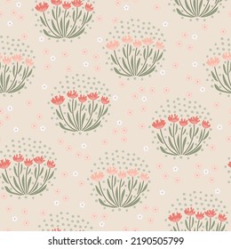Seamless pattern of a little flowers and branch with leaves. Abstract small flower patter. Vector illustration.