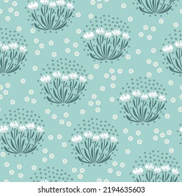 Seamless pattern of a little flowers and branch with leaves. Abstract small flower patter. Vector illustration.