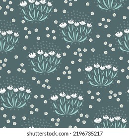 Seamless pattern of a little flowers and branch with leaves. Abstract small flower patter. Vector illustration.