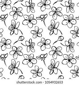 Seamless pattern with little flowers cherry blossom in black and white colors