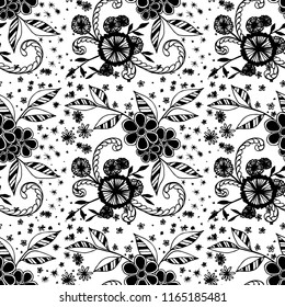 Seamless Pattern with Little Flowers in Country Style. Spring Floral Texture with Hand Drawn Doodles. Small Natural Rapport for Chintz, Linen, Calico. Vector Seamless Background with Wild Flowers.