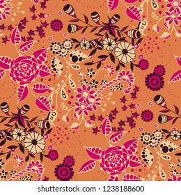Seamless Pattern with Little Flowers in Country Style. Summer Floral Texture with Hand Drawn Doodle Blossoms, Leaves and Buds. Small Natural Rapport for Fabric, Linen, Textile. Vector.