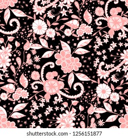 Seamless Pattern with Little Flowers in Country Style. Spring Floral Texture with Hand Drawn Doodle Blossoms, Leaves and Buds. Small Natural Rapport for Dress, Print, Cotton. Vector Zentangle.