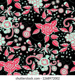Seamless Pattern with Little Flowers in Country Style. Summer Floral Texture with Hand Drawn Doodle Blossoms, Leaves and Buds. Small Natural Rapport for Chintz, Cotton, Calico. Vector.