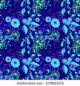 Seamless Pattern with Little Flowers in Country Style. Spring Floral Texture with Hand Drawn Doodle Blossoms, Leaves and Buds. Small Natural Rapport for Chintz, Linen, Textile. Vector Zentangle.